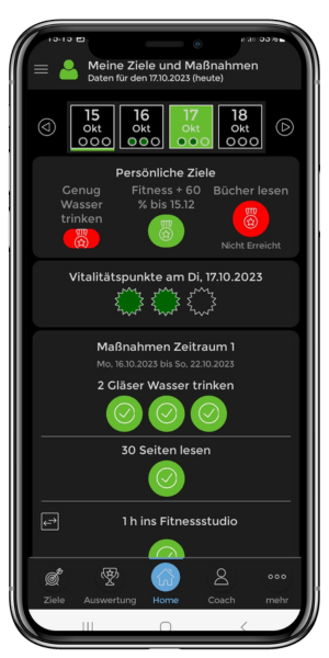 Jeden Tag sieht dein Klient persönliche Ziele und Maßnahmen zum umsetzen